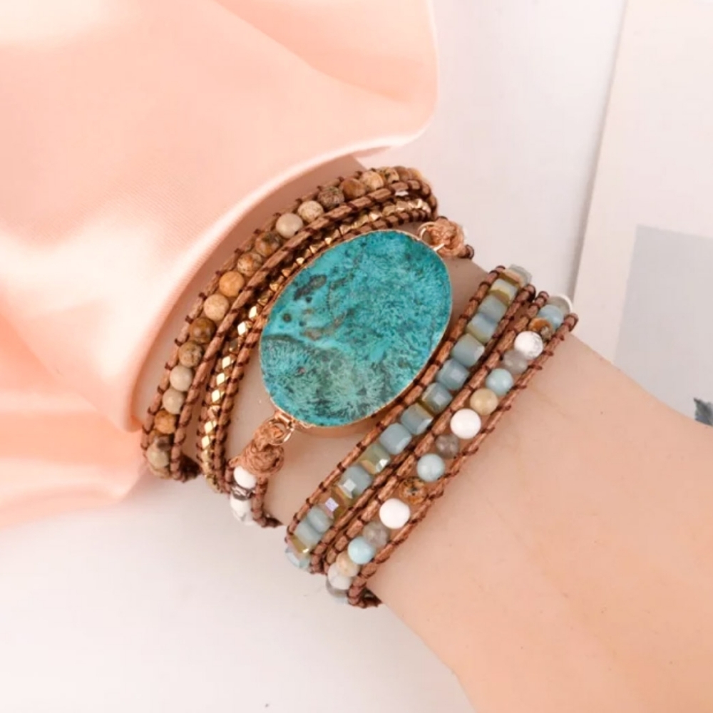 Handmade Leather Gemstone Jasper Wrap Bracelet - Picture 4 of 7